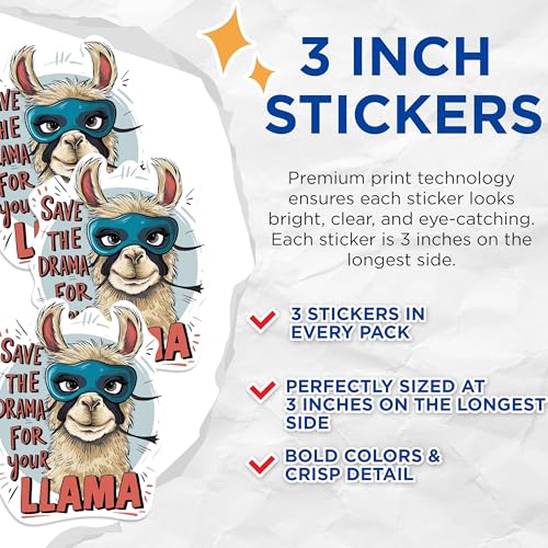 (3 Pack) Funny Llama Decals - Save Drama Llama - Laptop Decal Stickers - 3 Inches On Longest Side - Easy Peel & Apply - Made in USA - 3MCS1017