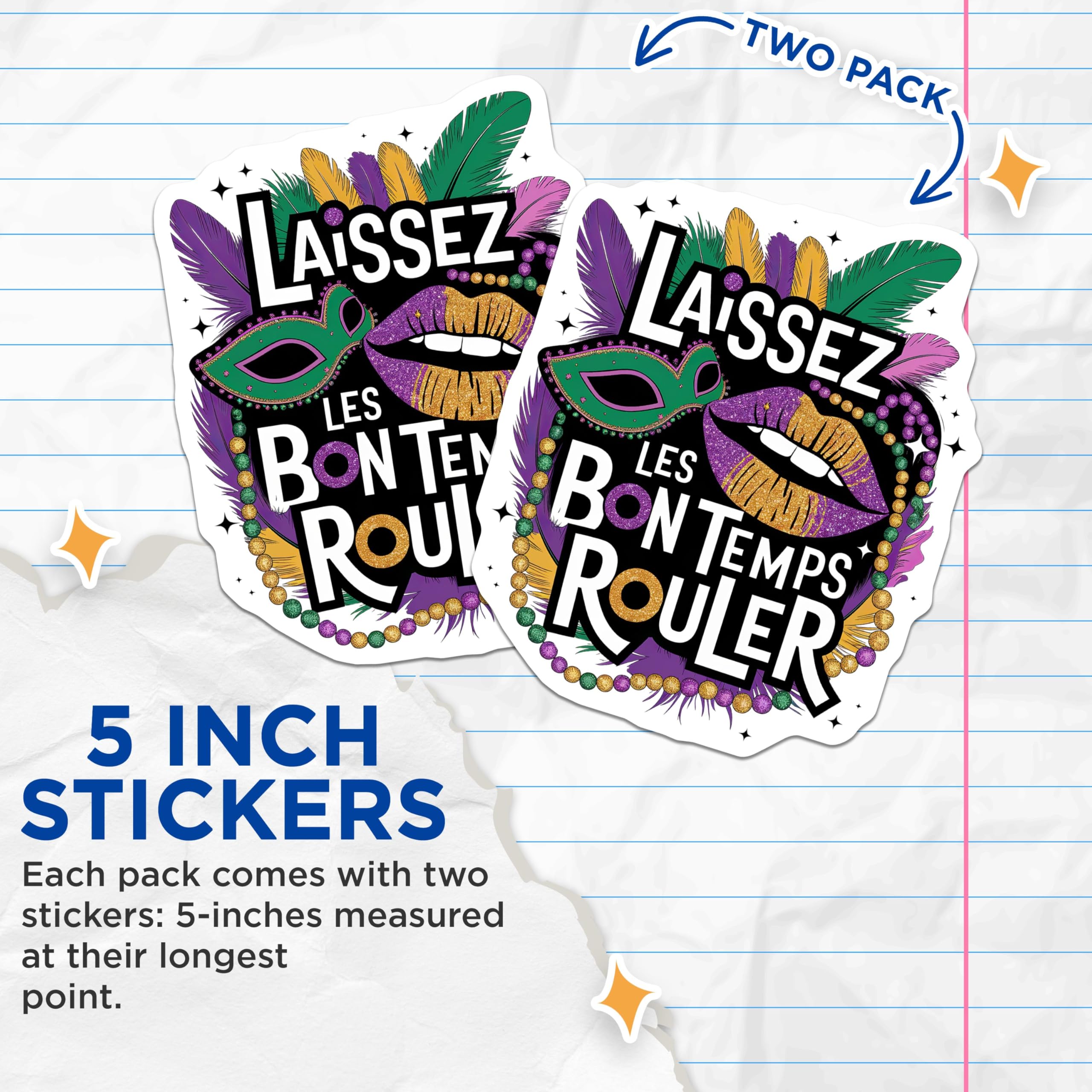 (2 Pack) Mardi Gras Laissez Les Bon Temps Rouler Stickers - Laissez Les Stickers - Bon Temps Rouler Sticker - 5" On Longest Side - Sticks to Smooth Flat Surfaces - Made in USA - BMCS3811