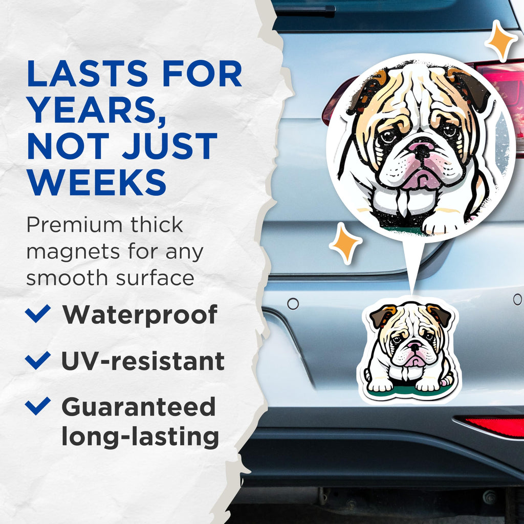 (2 Pack) English Bulldog Magnets - Cute Puppy Dog Decor - Animal Lover Fridge Accent - Canine Pet Refrigerator Display - 5 Inches On Longest Side - Thick Durable Magnet - Made in USA - MAG20636