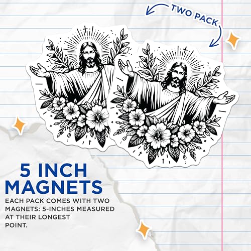 (2 Pack) Inspirational Religious Jesus Magnets - Floral Christian Icon - Faith-Based Decorative - 5" On Longest Side - for Cars, Fridges, Toolboxes - Made in USA - MAG7318