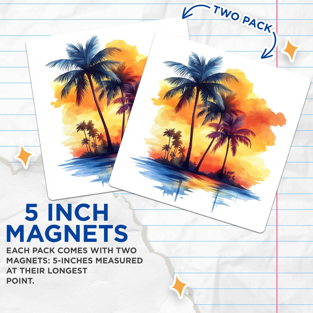 (2 Pack) Tropical Sunset Palm Tree Magnets - Beach House Decor - Island Life Refrigerator Accent - 5 Inches On Longest Side - Thick Durable Magnet - Made in USA - MAG25068