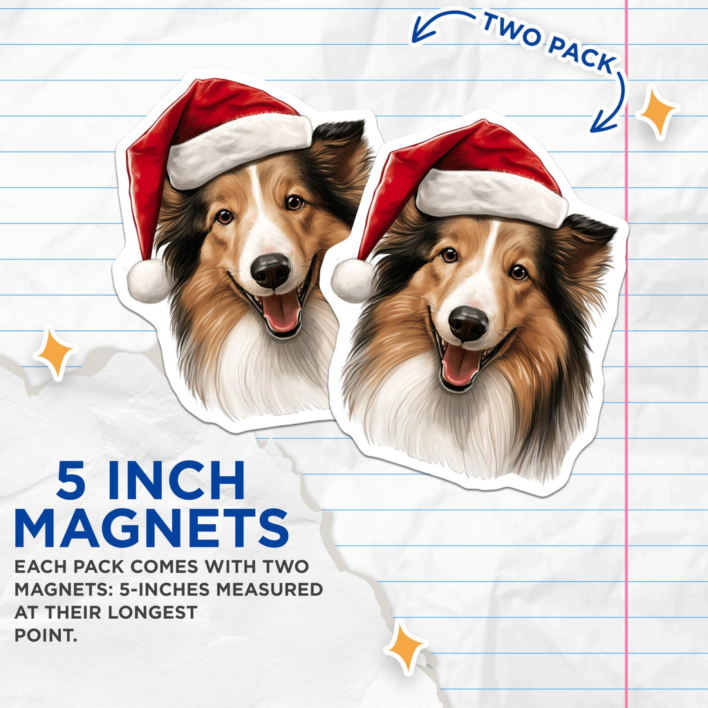(2 Pack) Shetland Sheepdog Magnets - Happy Sheltie Christmas Decor - Santa Hat Dog Holiday Festive Accent - 5 Inches On Longest Side - Thick Durable Magnet - Made in USA - MAG23718