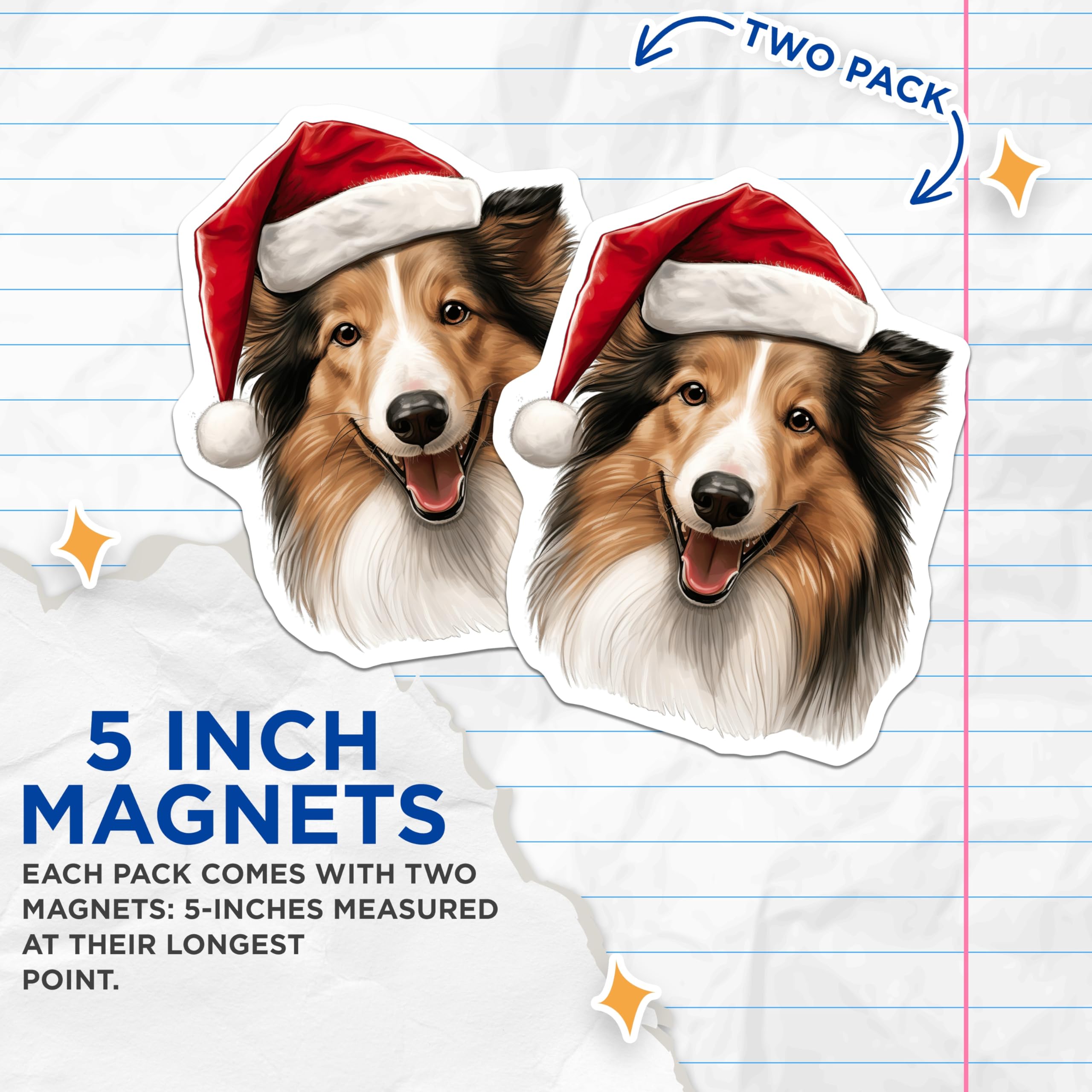 (2 Pack) Shetland Sheepdog Magnets - Happy Sheltie Christmas Decor - Santa Hat Dog Holiday Festive Accent - 5 Inches On Longest Side - Thick Durable Magnet - Made in USA - MAG23718