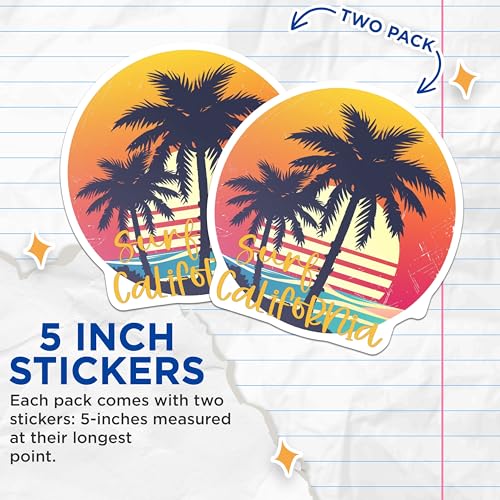 (2 Pack) Surf California Stickers - Palm Tree Sunset Stickers - Summer Beach Vacation Stickers - 5" On Longest Side - Sticks to Smooth Flat Surfaces - Made in USA - BMCS4320