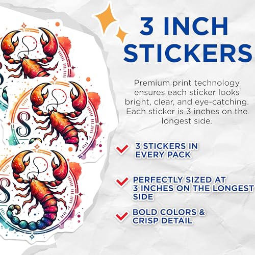 (3 Pack) Zodiac Sign Decals - Scorpio Art Decals - Astrology Stickers- 3 Inches On Longest Side - Easy Peel & Apply - Made in USA - 3MCS5663