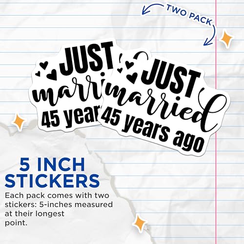 (2 Pack) Just Married 45 Years Ago Stickers - Anniversary Stickers - Love Stickers for Couples - 5" On Longest Side - Sticks to Smooth Flat Surfaces - Made in USA - BMCS5121