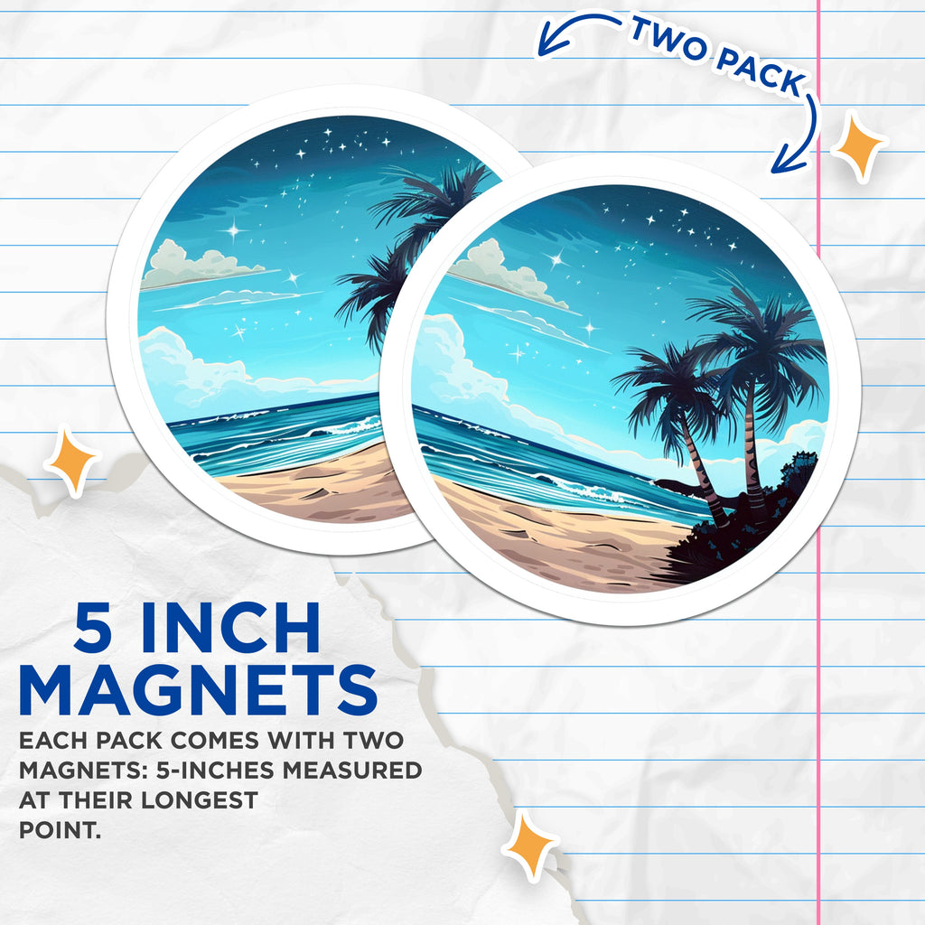 (2 Pack) Tropical Beach Magnets - Palm Tree Ocean Waves - Starry Night Island Vibe Decor - 5 Inches On Longest Side - Thick Durable Magnet - Made in USA - MAG39055