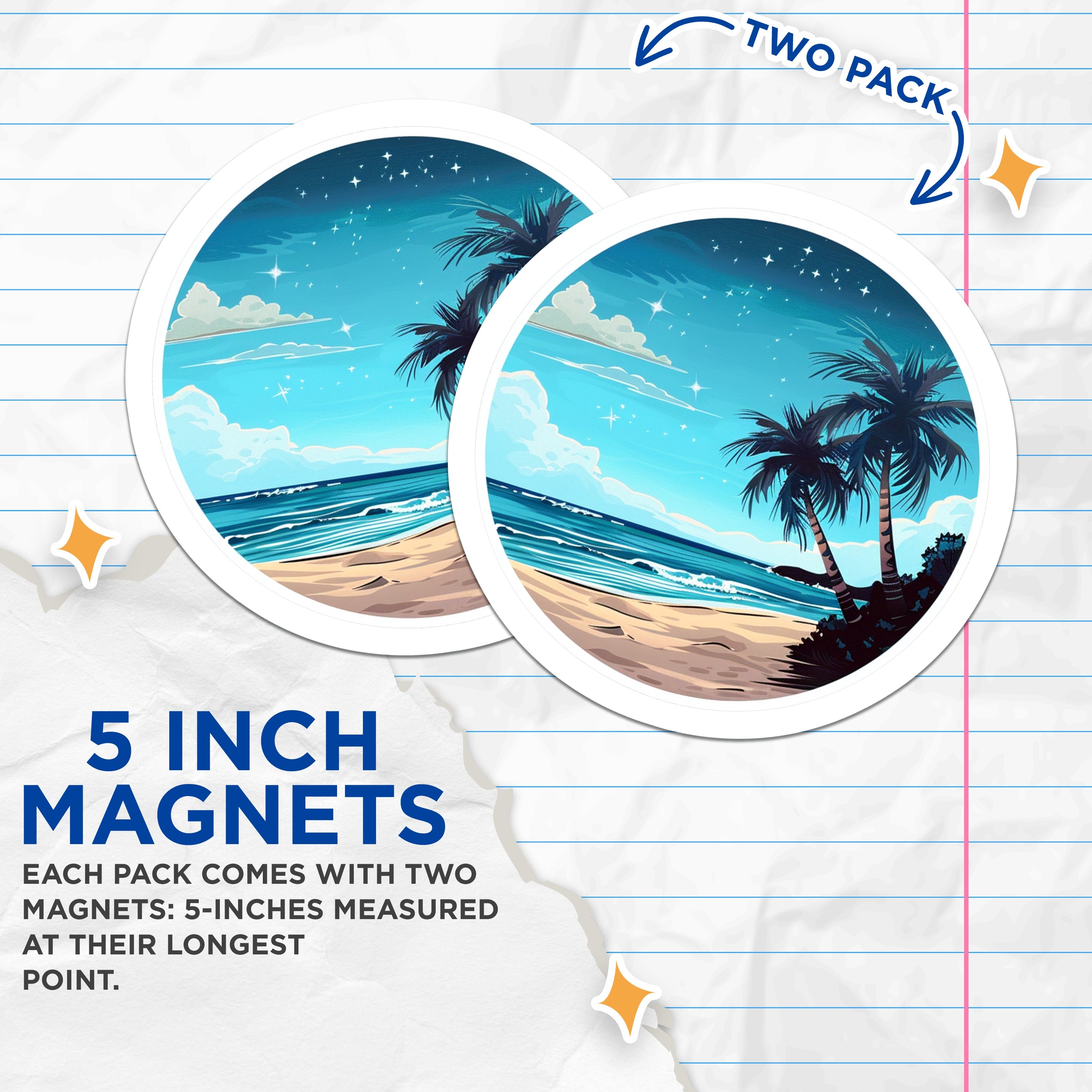 (2 Pack) Tropical Beach Magnets - Palm Tree Ocean Waves - Starry Night Island Vibe Decor - 5 Inches On Longest Side - Thick Durable Magnet - Made in USA - MAG39055