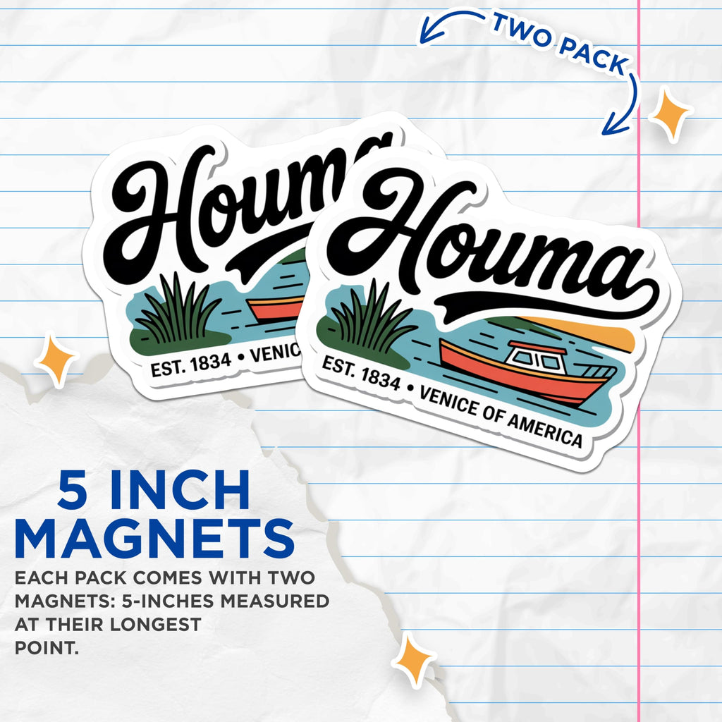 (2 Pack) Houma Louisiana Magnets - Venice of America Souvenir - Boat Illustration Magnet - 5" On Longest Side - Premium Magnet - for Cars, Refrigerators, Toolboxes, Lockers - Made in USA - MAG18965