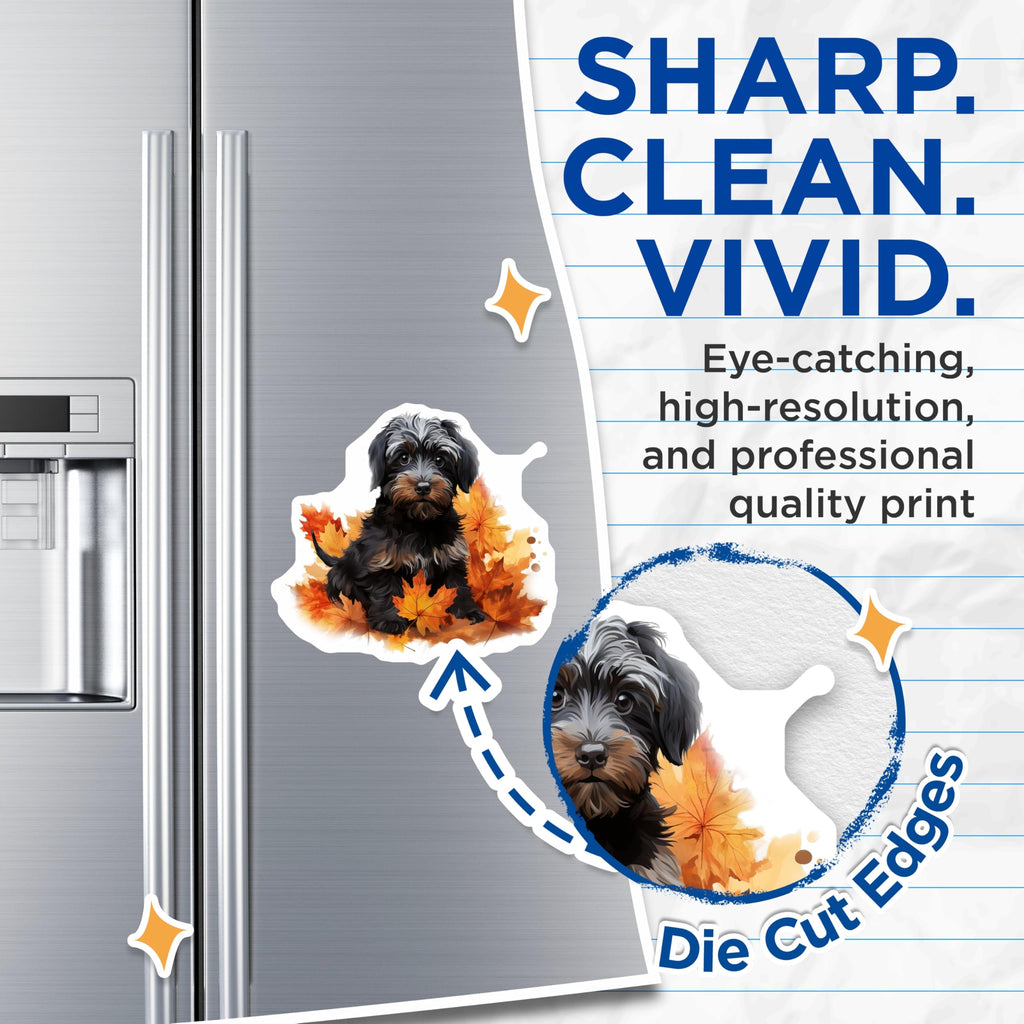 (2 Pack) Cute Puppy Dog Magnets - Autumn Fall Leaves Decor - Pet Lover Kitchen Refrigerator Art - 5 Inches On Longest Side - Thick Durable Magnet - Made in USA - MAG26875