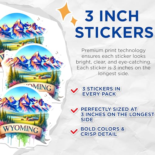 (3 Pack) Wyoming Decals - State Pride - Laptop Decals - Watercolor Art- 3 Inches On Longest Side - Easy Peel & Apply - Made in USA - 3MCS5362