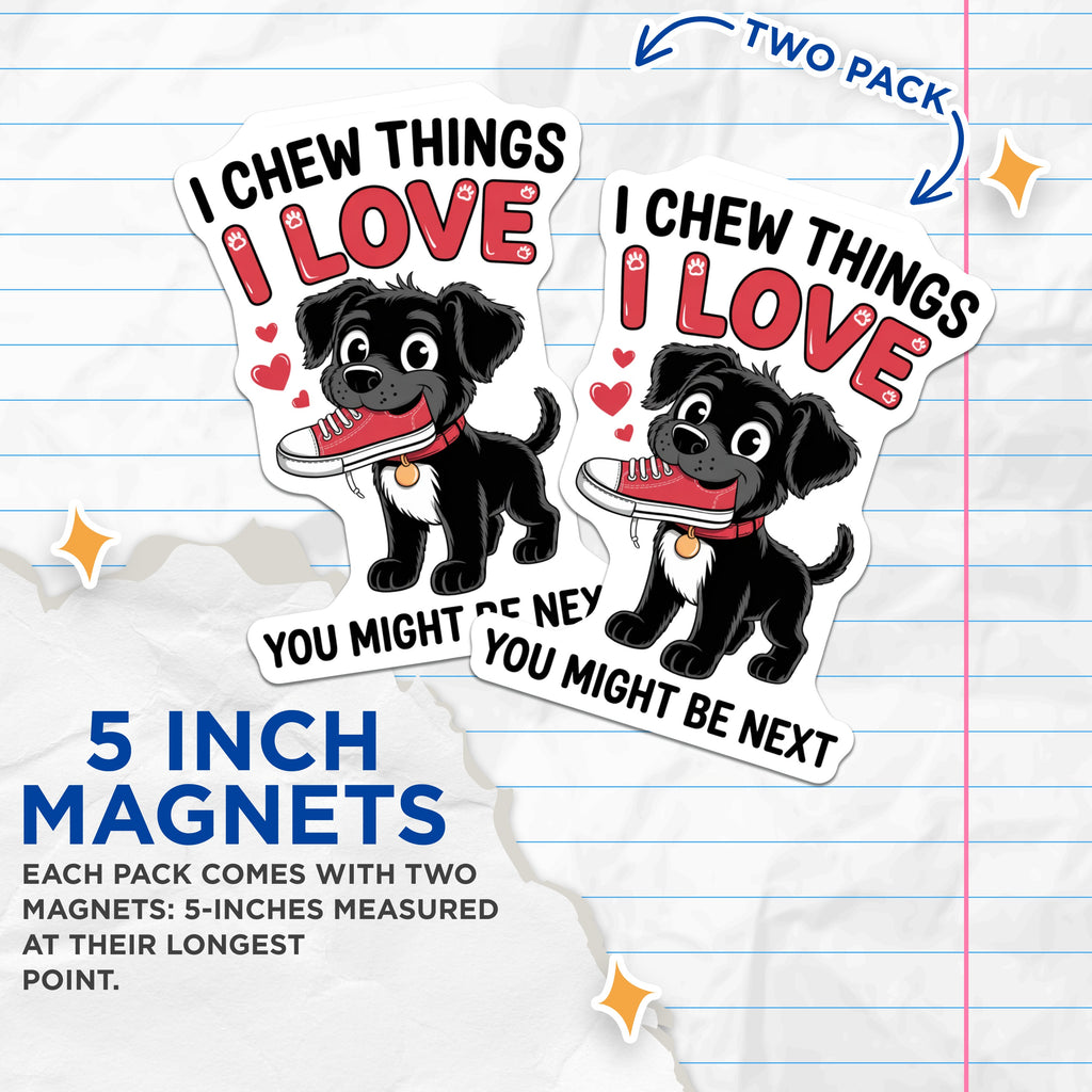 (2 Pack) Funny Dog Magnets - Puppy Chew Toy Sneaker - Pet Lover Humor - Animal Fridge Art for Dog Parents - 5 Inches On Longest Side - Thick Durable Magnet - Made in USA - MAG37371