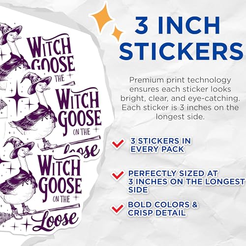 (3 Pack) Witch Goose Decals - Halloween Goose Sticker - Witch Decal - 3 Inches On Longest Side - Easy Peel & Apply - Made in USA - 3MCS4636