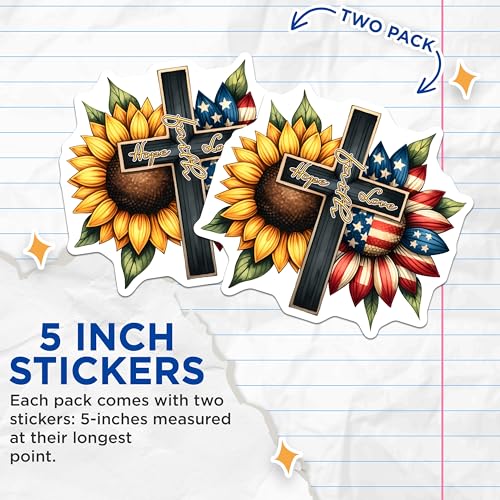 (2 Pack) Faith Hope Love Stickers - Sunflower Cross - Patriotic Floral Decor - 5" On Longest Side - Sticks to Smooth Flat Surfaces - Made in USA - BMCS7990