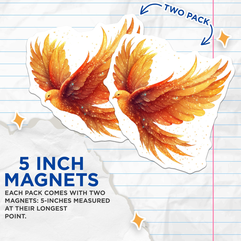 (2 Pack) Golden Phoenix Magnets - Fiery Bird Art - Rebirth Symbol Decor - Mythical Creature Collectible - 5 Inches On Longest Side - Thick Durable Magnet - Made in USA - MAG24794
