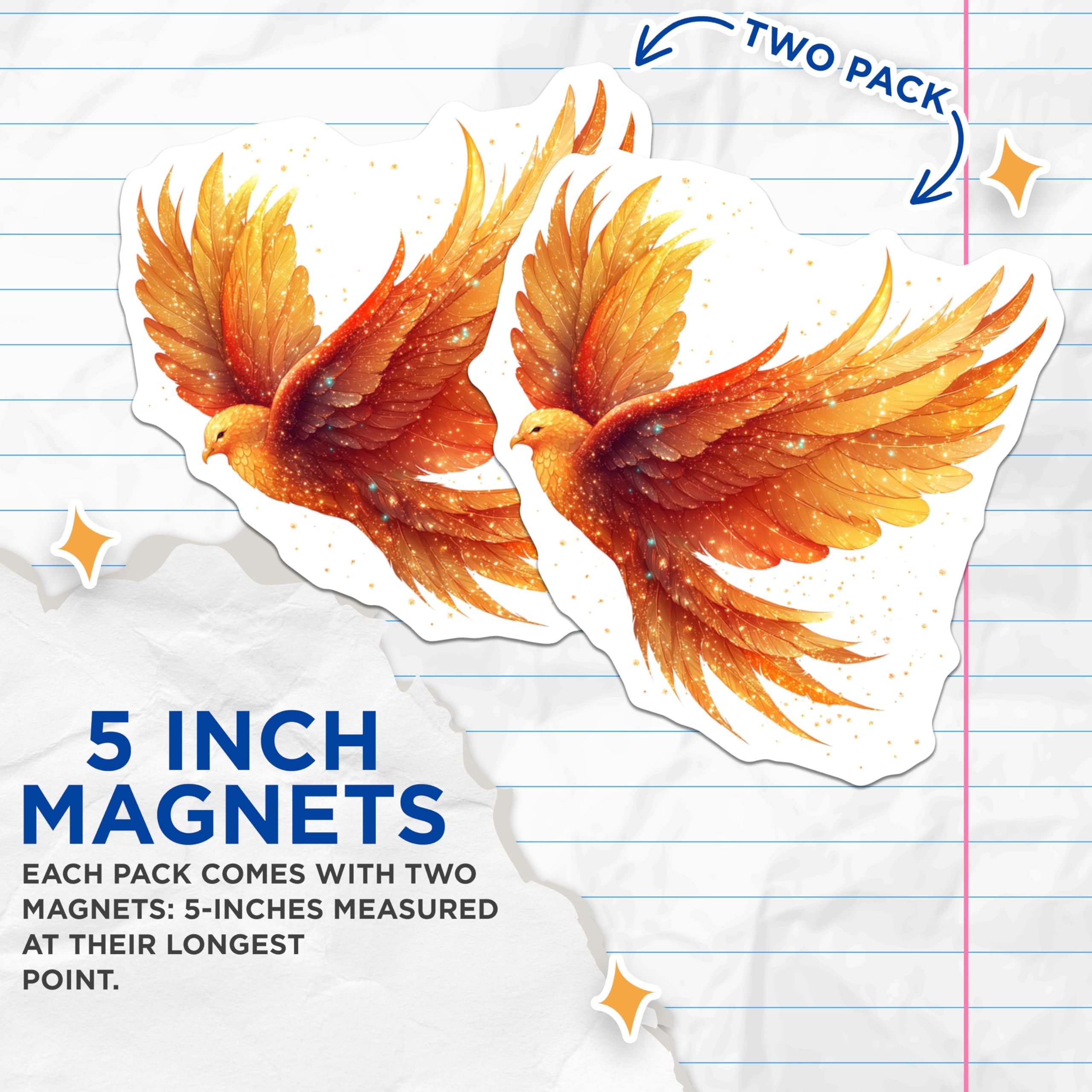 (2 Pack) Golden Phoenix Magnets - Fiery Bird Art - Rebirth Symbol Decor - Mythical Creature Collectible - 5 Inches On Longest Side - Thick Durable Magnet - Made in USA - MAG24794