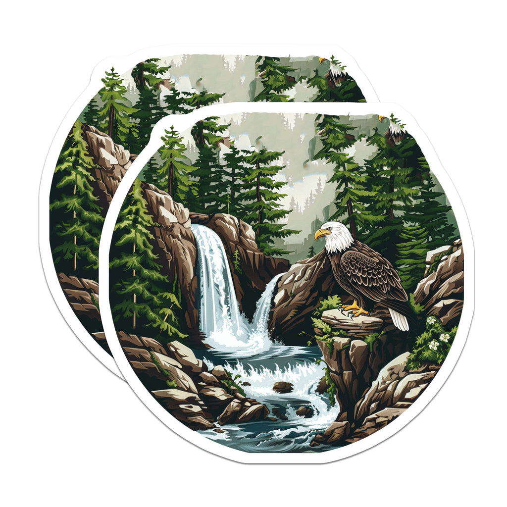 (2 Pack) Bald Eagle Magnets - Waterfall Landscape Scene - Forest Mountain Outdoorsy Decor - 5 Inches On Longest Side - Thick Durable Magnet - Made in USA - MAG38494