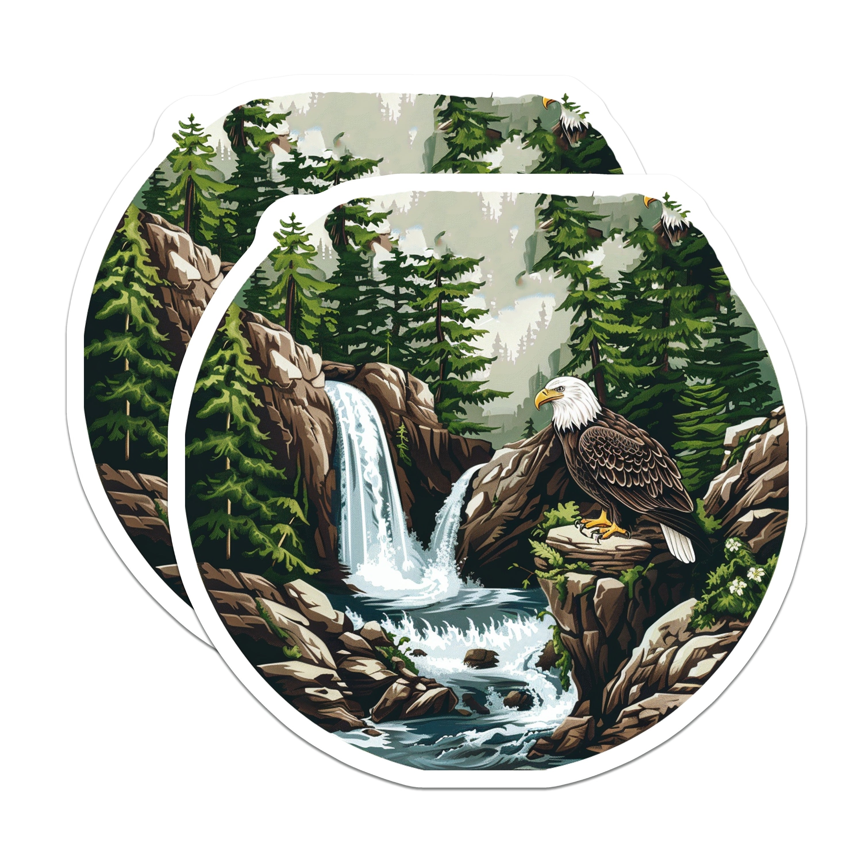 (2 Pack) Bald Eagle Magnets - Waterfall Landscape Scene - Forest Mountain Outdoorsy Decor - 5 Inches On Longest Side - Thick Durable Magnet - Made in USA - MAG38494