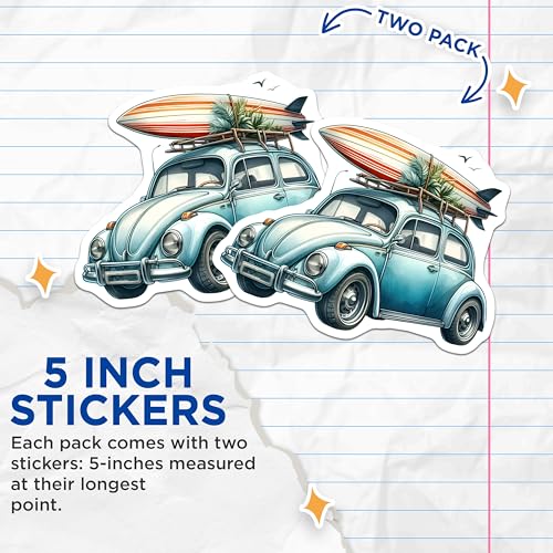 (2 Pack) Vintage Car Stickers - Retro Beetle with Surfboard Artwork - 5" On Longest Side - Sticks to Smooth Flat Surfaces - Made in USA - BMCS9301 - BMCS9301