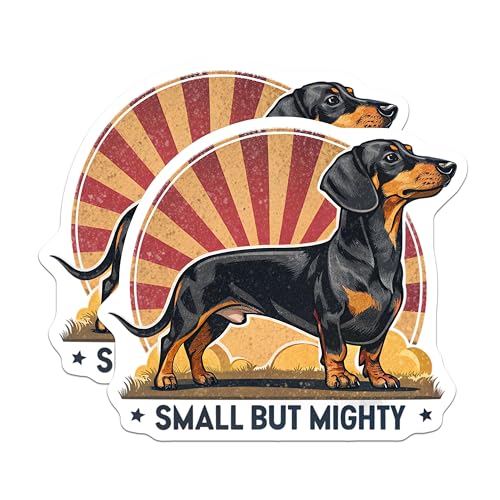 (2 Pack) Small But Mighty Stickers - Dachshund Stickers - Dog Lover Stickers - 5" On Longest Side - Sticks to Smooth Flat Surfaces - Made in USA - BMCS4634