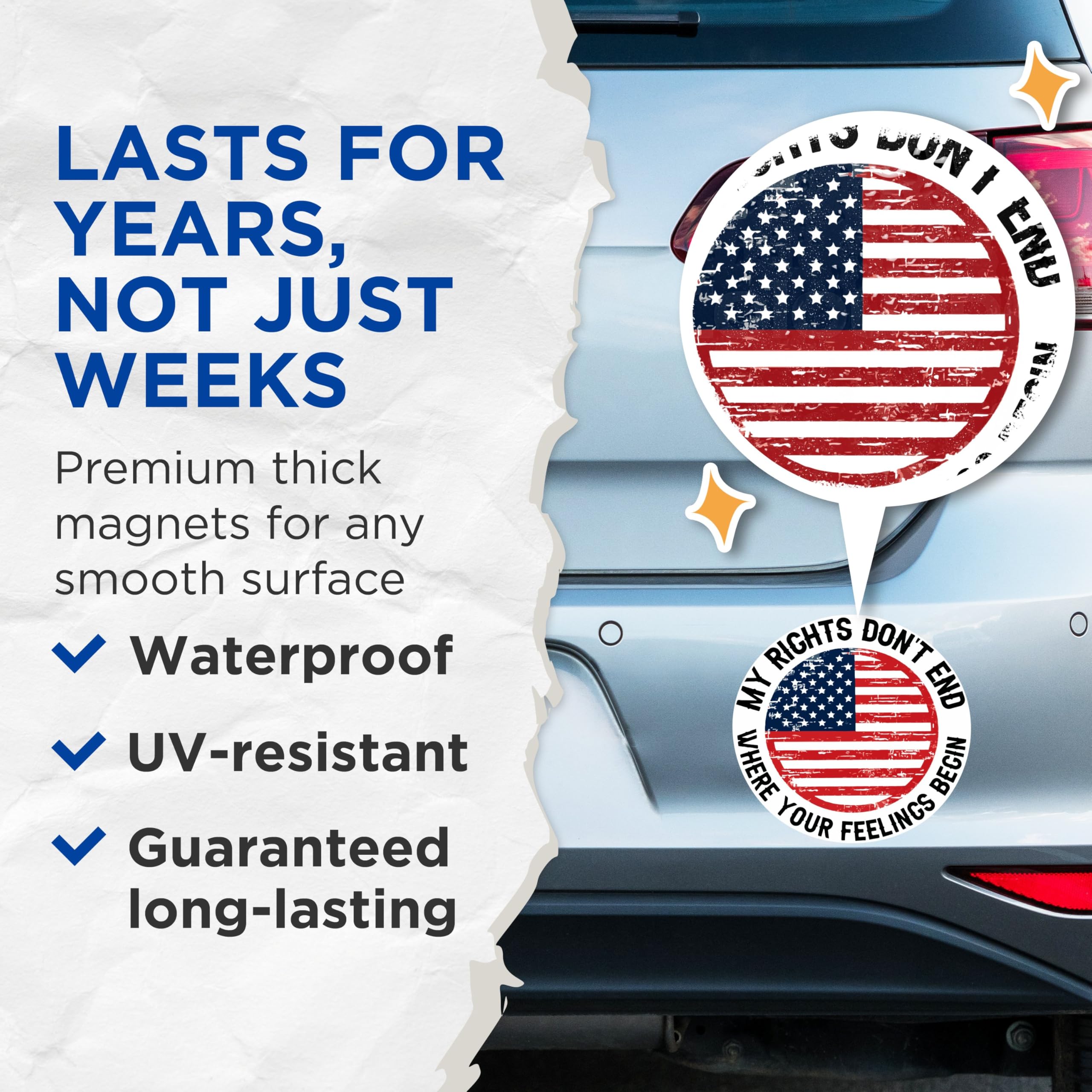 (2 Pack) My Rights Don't End Where Your Feelings Begin Magnets - USA Flag Patriotic - 5 Inches On Longest Side - Premium Magnet - for Cars, Refrigerators, Toolboxes - Made in USA - MAG2071