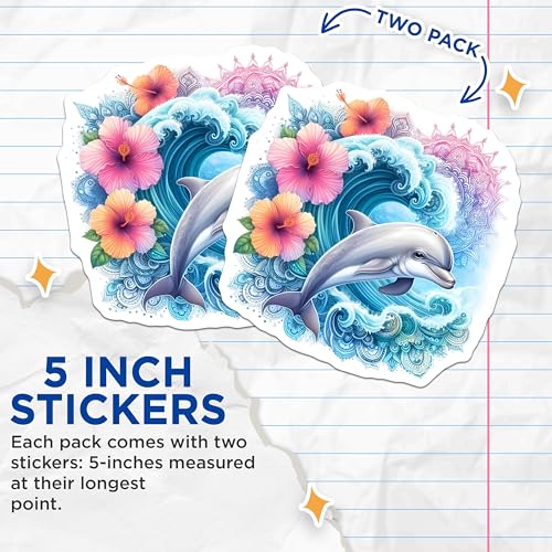 (2 Pack) Dolphin Wave Stickers - Hibiscus Flower - Ocean Mandala - 5" On Longest Side - Sticks to Smooth Flat Surfaces - Made in USA - BMCS9484