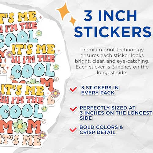 (3 Pack) Cool Mom Decals - Retro Flowers - 70s Vibes Decals - 3 Inches On Longest Side - Easy Peel & Apply - Made in USA - 3MCS7682