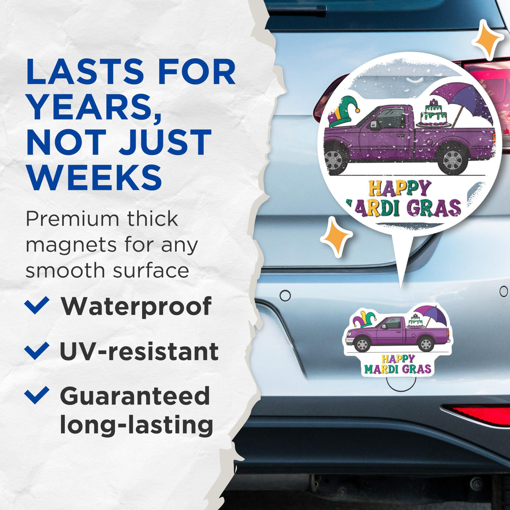 (2 Pack) Mardi Gras Truck Magnets - Carnival Celebration - Louisiana Decoration - 5" On Longest Side - Premium Magnet - for Cars, Refrigerators, Toolboxes, Lockers - Made in USA - MAG14573
