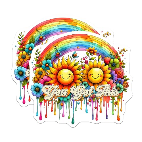 (2 Pack) You Got This Stickers - Motivational Sunflower Stickers - Rainbow Inspirational Stickers - 5" On Longest Side - Sticks to Any Smooth Flat Surface - Made in USA - BMCS3224