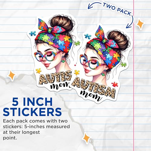 (2 Pack) Autism Mom Stickers - Autism Awareness - Colorful Puzzle Design - 5" On Longest Side - Sticks to Smooth Flat Surfaces - Made in USA - BMCS8127