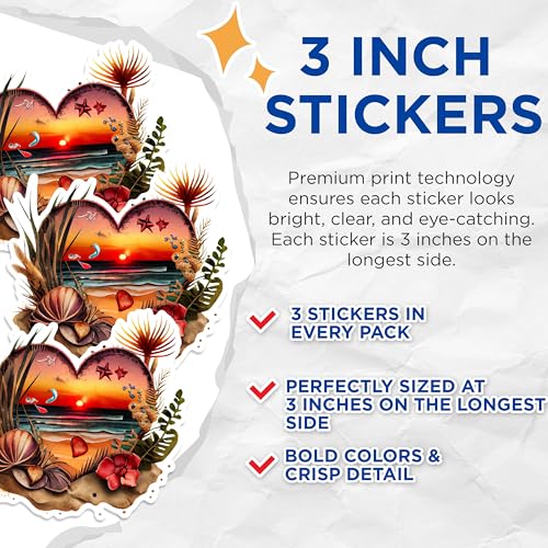 (3 Pack) Beach Sunset Heart Decals - Coastal Art Decal - Tropical Laptop Decal - 3 Inches On Longest Side - Easy Peel & Apply - Made in USA - 3MCS1645