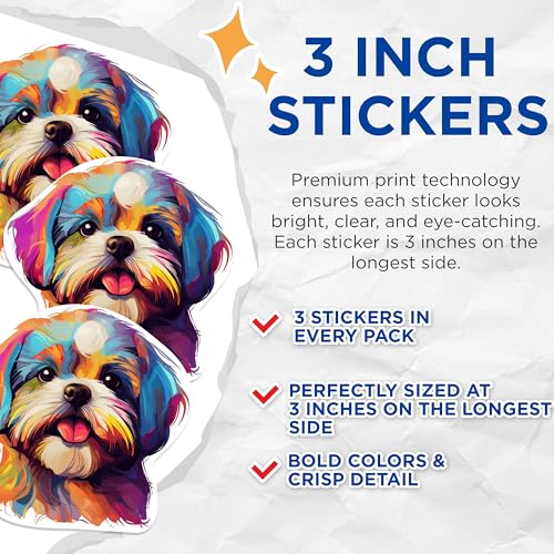 (3 Pack) Shih Tzu Decals - Colorful Dog Art - Laptop Decal - 3 Inches On Longest Side - Easy Peel & Apply - Made in USA - 3MCS0823