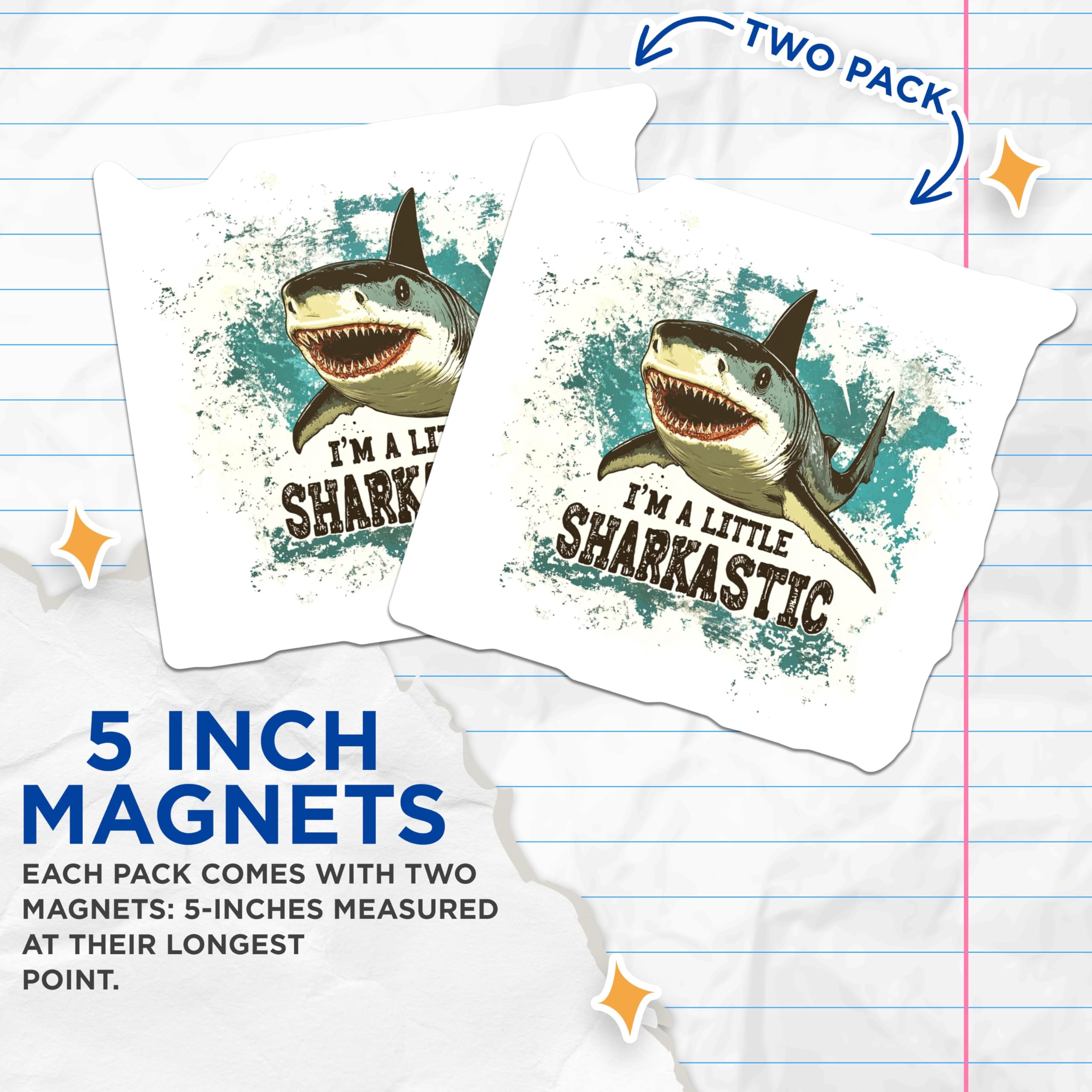 (2 Pack) Sharkastic Magnets - Funny Shark - Shark Wall - Ocean-Themed - Vintage Shark Art - 5" On Longest Side - for Cars, Refrigerators, Toolboxes, Lockers - Made in USA BMCS3504
