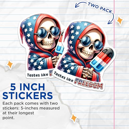 (2 Pack) Patriotic Skull Stickers - Tastes Like Freedom - Independence Day Decor - Red White and Blue Art Decal - 5" On Longest Side - Sticks to Smooth Flat Surfaces - Made in USA - BMCS7922