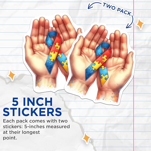 (2 Pack) Autism Awareness Stickers - Puzzle Piece Ribbon Stickers - Support Autism - 5" On Longest Side - Sticks to Smooth Flat Surfaces - Made in USA - BMCS6689