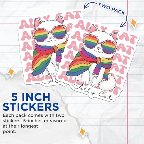 (2 Pack) Ally Cat Stickers - Cute Cat Art - Rainbow Pride Accessory - 5" On Longest Side - Sticks to Smooth Flat Surfaces - Made in USA - BMCS6678