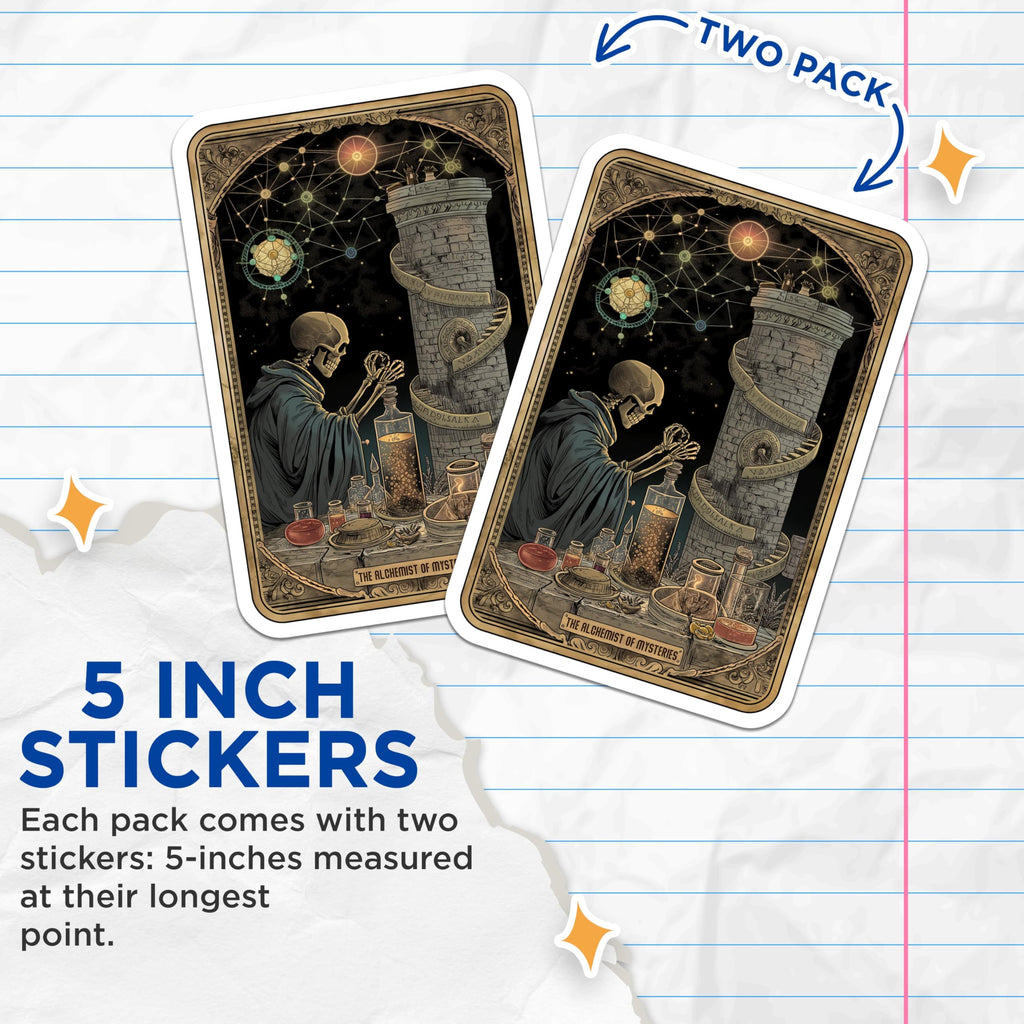 (2 Pack) Alchemist Skeleton Stickers - Vintage Fantasy Stickers - Gothic Potion Stickers - 5" On Longest Side - Sticks to Smooth Flat Surfaces - Made in USA - BMCS5342