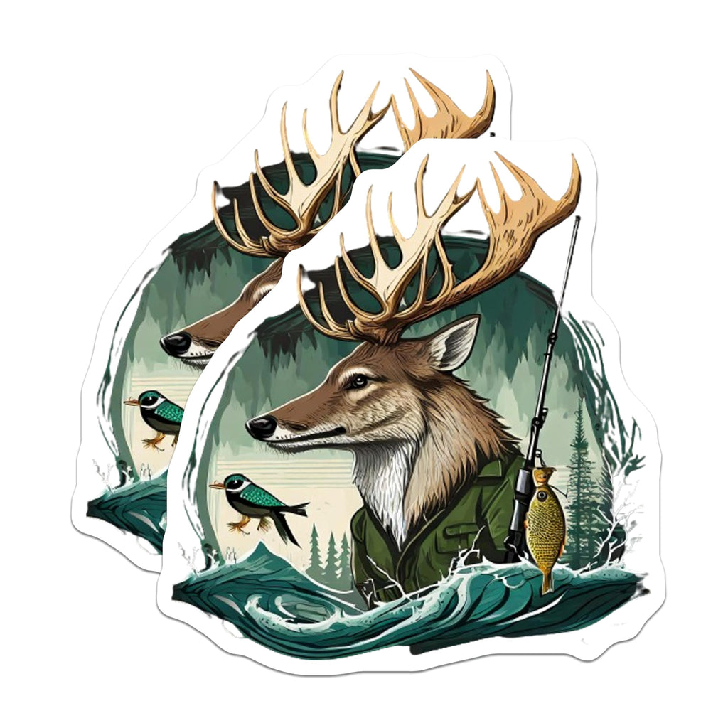 (2 Pack) Antlered Deer Fisherman Magnets - Outdoor Adventure Refrigerator Decor - Woodland Wildlife Scene Art - 5 Inches On Longest Side - Thick Durable Magnet - Made in USA - MAG22820