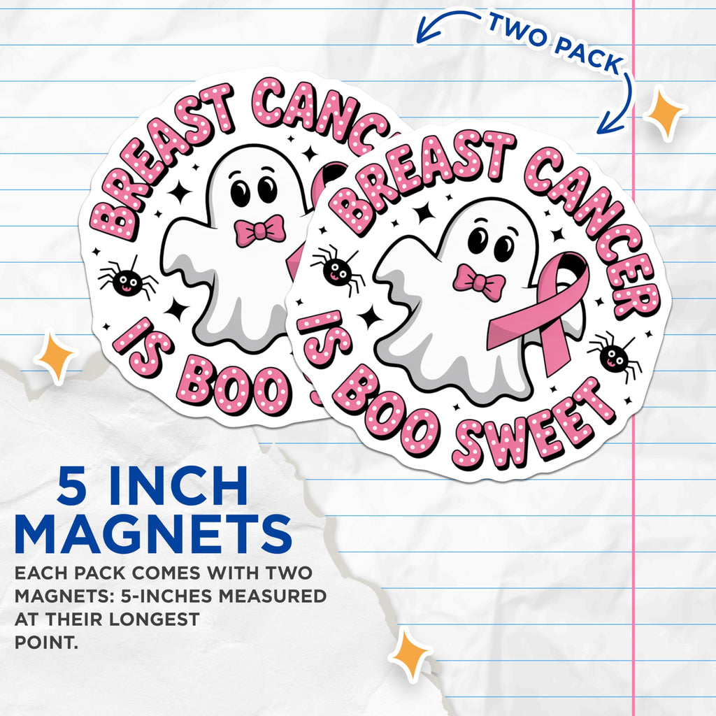 (2 Pack) Breast Cancer Awareness Magnets - Halloween Ghost - Boo Sweet Survivor Support - 5" On Longest Side - Premium Magnet - for Cars, Refrigerators, Toolboxes, Lockers - Made in USA - MAG17088