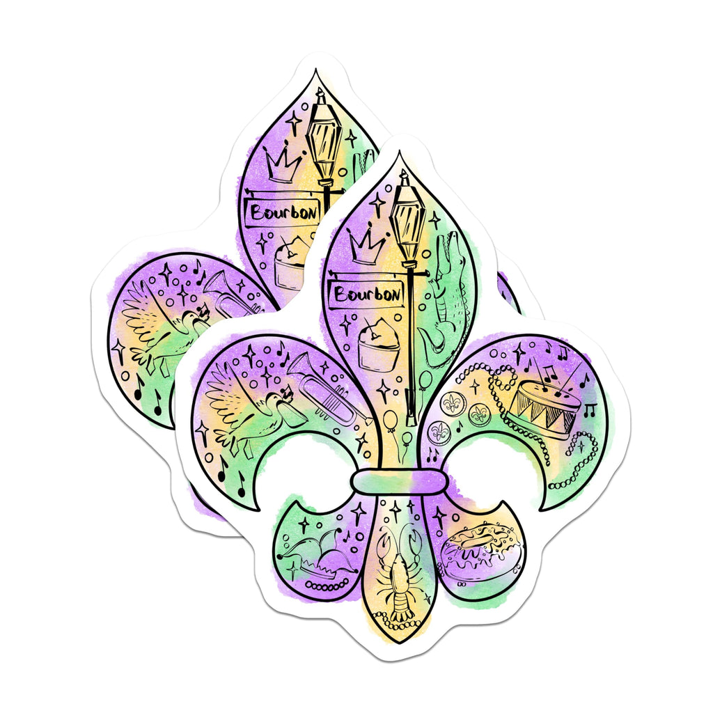 (2 Pack) New Orleans Fleur de Lis Stickers - Mardi Gras Stickers - Louisiana Culture Stickers - 5" On Longest Side - Sticks to Smooth Flat Surfaces - Made in USA - BMCS3994