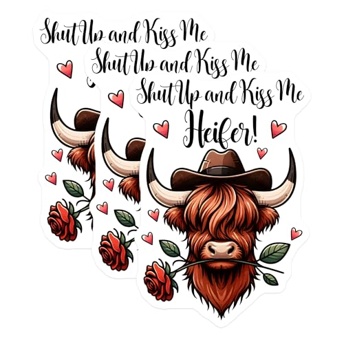 (3 Pack) Highland Cow Decals - Funny Heifer - Cowboy Hat Cow Decals - 3 Inches On Longest Side - Easy Peel & Apply - Made in USA - 3MCS1933