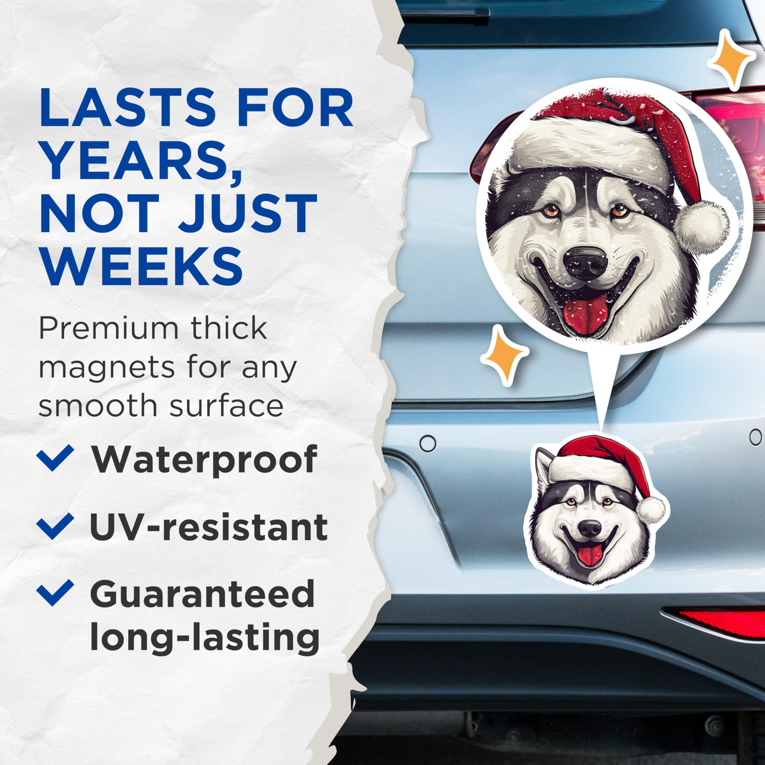 (2 Pack) Husky Christmas Magnets - Santa Dog Holiday Decor - Pet Lover Refrigerator Accessory - 5 Inches On Longest Side - Thick Durable Magnet - Made in USA - MAG26862
