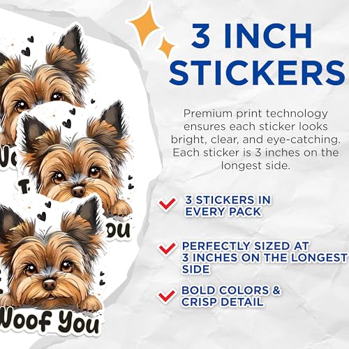 (3 Pack) Yorkshire Terrier Decals - I Woof You - Dog Laptop Decals - 3 Inches On Longest Side - Easy Peel & Apply - Made in USA - 3MCS1218