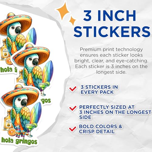 (3 Pack) Parrot Fiesta Decals - Tequila Surfboard - Cinco De Mayo Laptop Decal - 3 Inches On Longest Side - Easy Peel & Apply - Made in USA - 3MCS6980