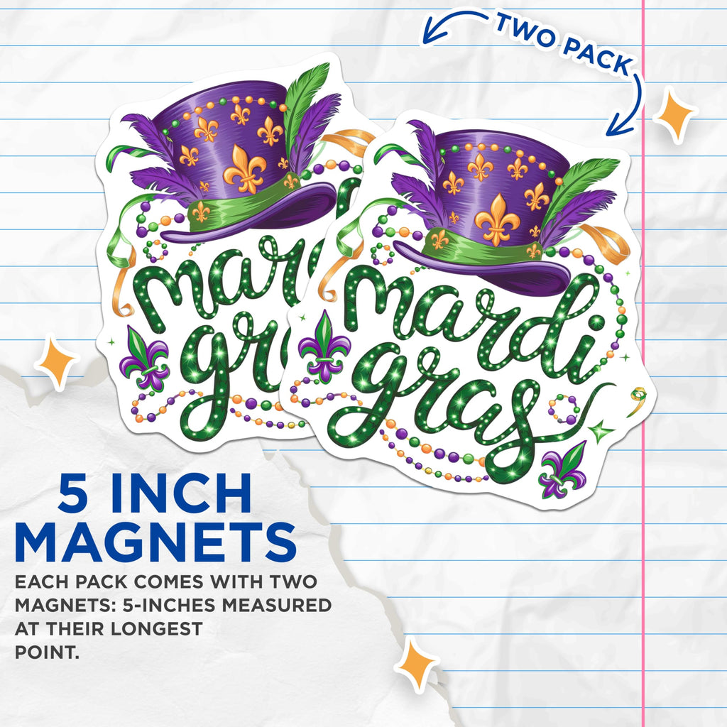 (2 Pack) Mardi Gras Magnets - Fleur de Lis Decoration - New Orleans Celebration - 5" On Longest Side - Premium Magnet - for Cars, Refrigerators, Toolboxes, Lockers - Made in USA - MAG14944