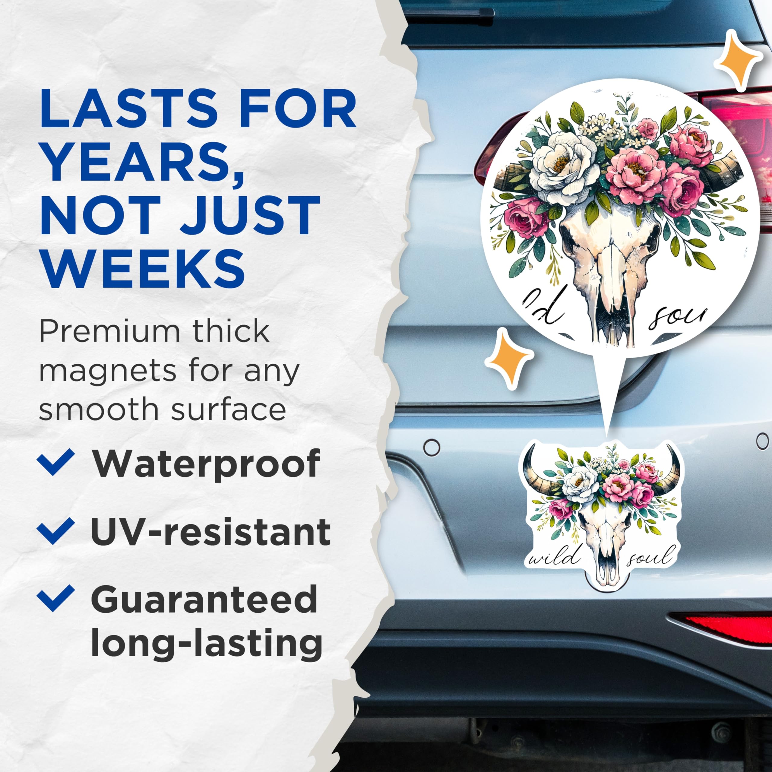 (2 Pack) Bull Skull Magnets - Floral Decor - Wild Soul Accessories - 5" On Longest Side - Premium Magnet - for Cars, Refrigerators, Toolboxes, Lockers - Made in USA - MAG15650