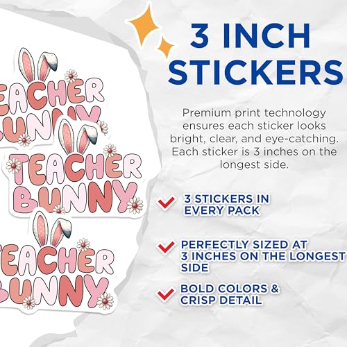 (3 Pack) Teacher Bunny Decals - Floral Easter Bunny - Springtime Teacher Decals - 3 Inches On Longest Side - Easy Peel & Apply - Made in USA - 3MCS6906