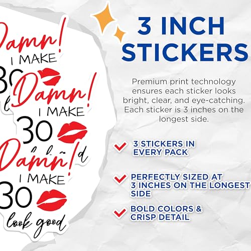 (3 Pack) 30th Birthday Decals - Thirty Birthday - Milestone Birthday Sticker - 3 Inches On Longest Side - Easy Peel & Apply - Made in USA - 3MCS4448