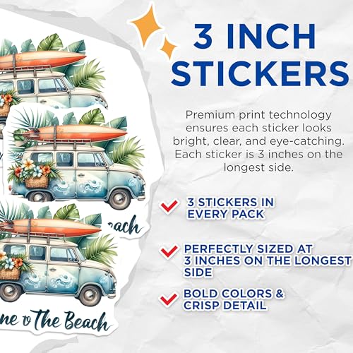 (3 Pack) VW Bus Decals - Gone to The Beach - Surfboard Stickers - 3 Inches On Longest Side - Easy Peel & Apply - Made in USA - 3MCS8051