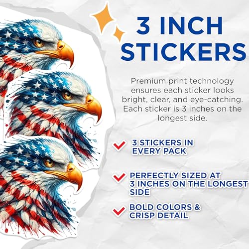 (3 Pack) American Eagle Decals - Patriotic Eagle - USA Flag Laptop Decal - 3 Inches On Longest Side - Easy Peel & Apply - Made in USA - 3MCS0988